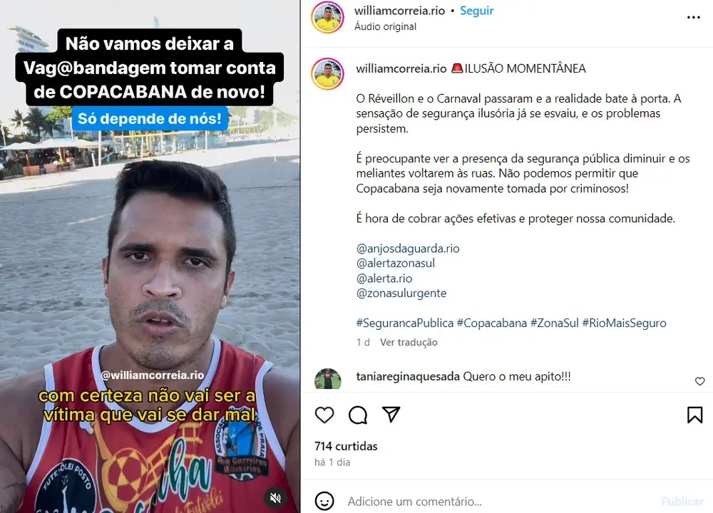 Recentemente, morador de Copacabana voltou a postar incentivo à violência em redes sociais