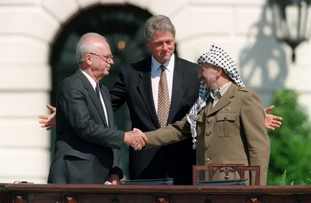 Prime Minister Yitzahk Rabin of Israel, President Bill Clinton and Yasser Arafat, leader of the Palestine Liberation Organization, at the signing of the Oslo Accords in Washington in 1993. Norway hosted the clandestine meetings that led to the signing that year.Credit...J. David Ake/Agence France-Presse