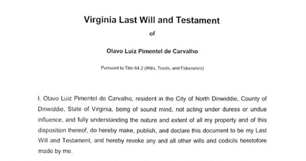 Início do testamento firmado por Olavo de Carvalho no estado da Virginia, nos EUA, em 2018
