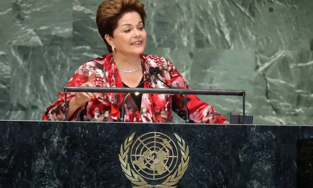 A, então presidente, Dilma Rousseff, em discurso na ONU em setembro de 2012. Foto: John Moore/AFP