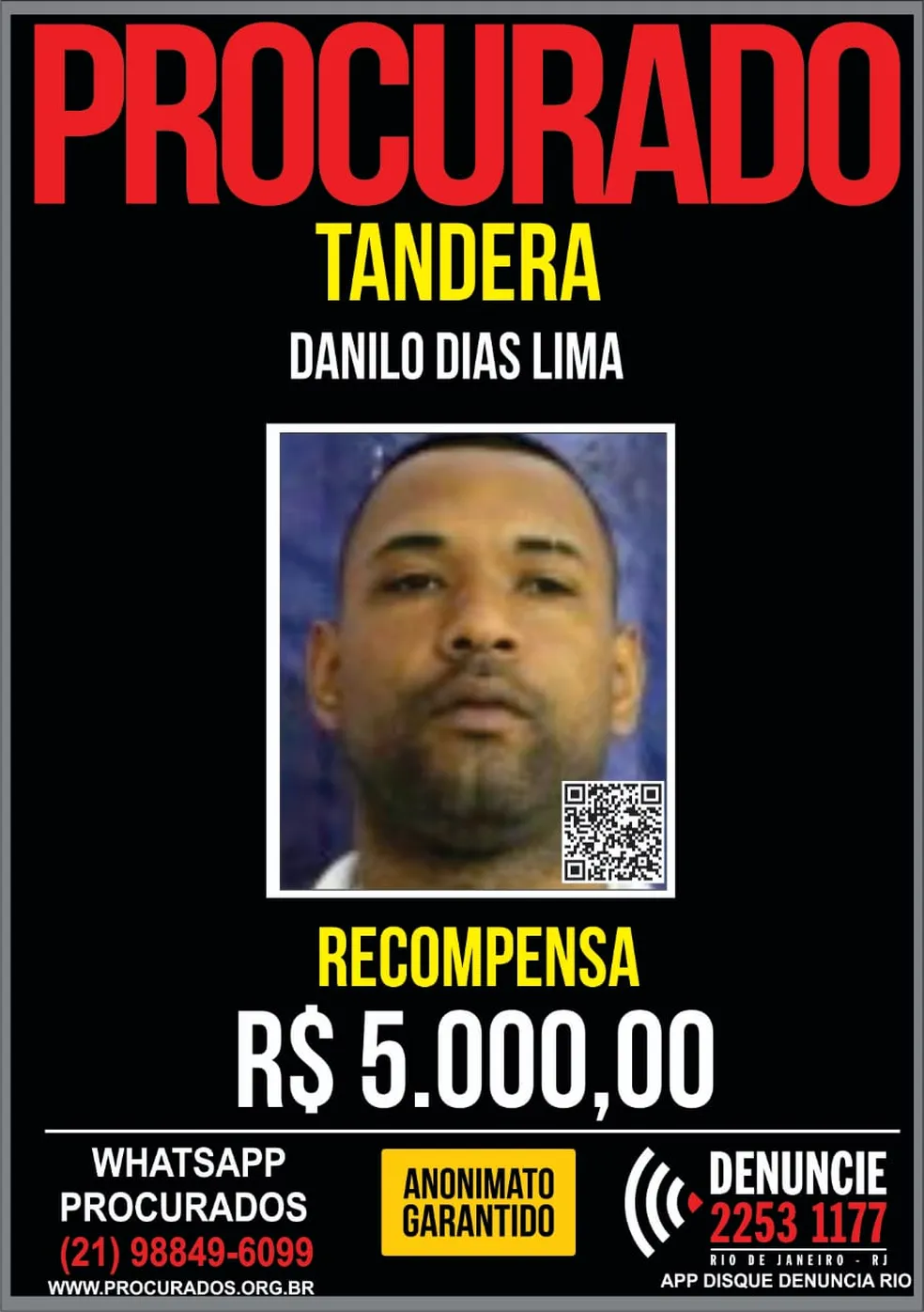 Cartaz de procurado de Danilo Dias Lima, o Tandera