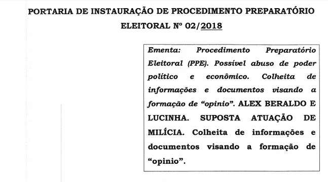 Portaria de abertura de investigação eleitoral por suposto apoio da milícia a Beraldo e Lucinha